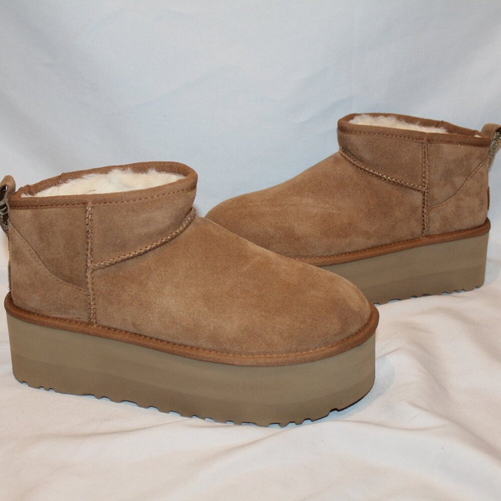 NEW UGG WOMEN'S ULTRA MINI PLATFORM SUEDE SHEARLING LINED BOOTIES CHESTNUT